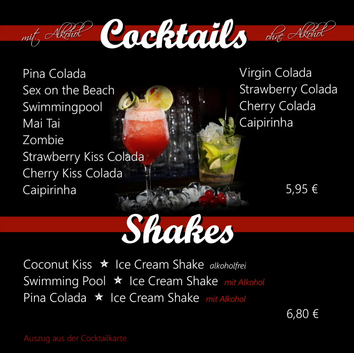 Auszug aus der Cocktailkarte